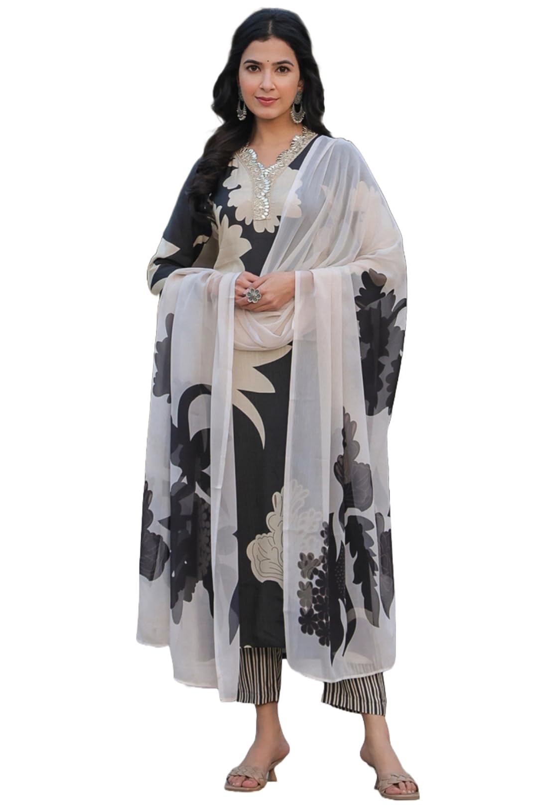 Gosriki Women'S Cotton Blend Straight Printed Kurta With Pant & Dupatta (5Jee Black-Gs_Xxl_Black_Xx-Large),Black,2,B0CS9VJ4QT
