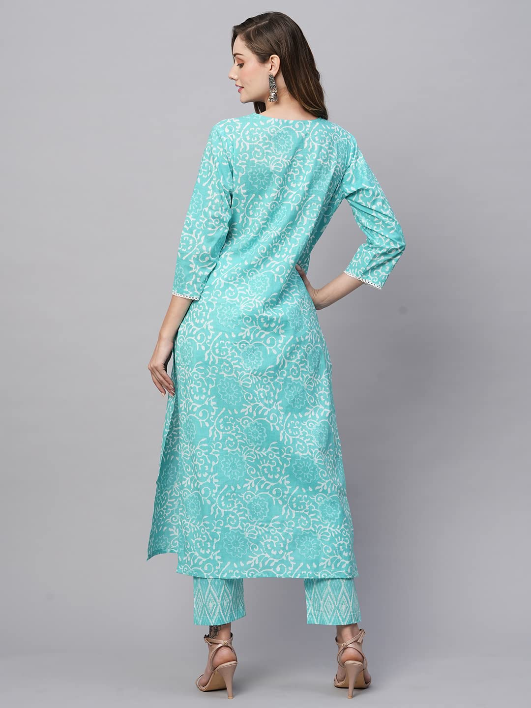 Anni Designer Women'S Cotton Blend Straight Printed Kurta With Pant (Gulika Light Blue-Nw_S_Light Blue_Small),Light Blue,S,Cotton Blend,Regular,