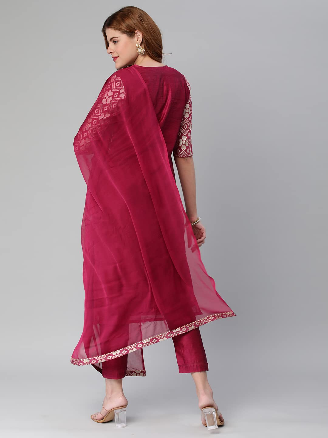 Gosriki Women'S Banarasi Woven Straight Embellished Printed Kurta With Pant & Dupatta (Kabzaa-Wine-Gs_Xl_Wine_X-Large),Wine,,B0BY31ZJR4