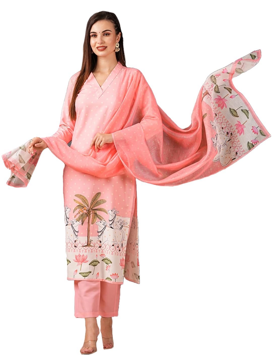 Gosriki Women'S Cotton Blend Straight Printed Kurta With Pant & Dupatta (Gosala Pink-Gs_Xl_Pink_X-Large),Pink,,B0D579XKZJ