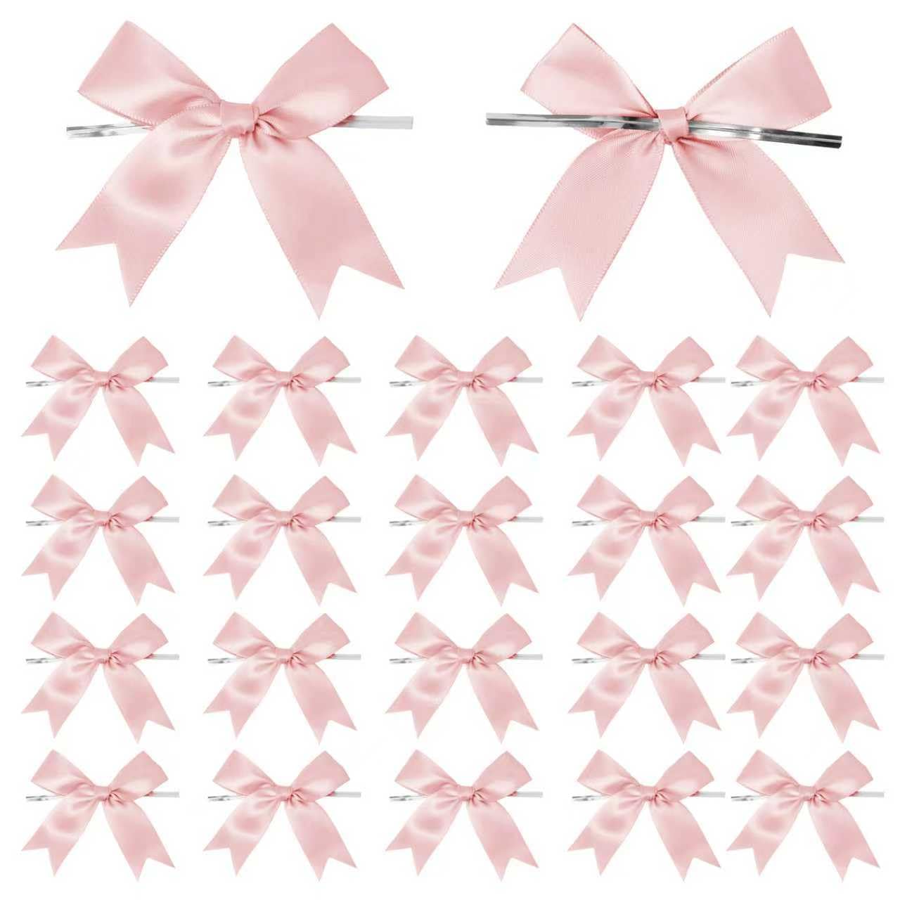 50 Counts Pink Twist Tie Bows 3.1 Pre-Tied Satin Ribbon Bow Decor Mini Twist Tie Bows for Gift Wrapping Treat Bags Cake Bridal B