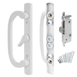 8.5 Legacy Sliding Patio Glass Door Center Latch White Handle Set - Sash Controls 2265 + Mortise Lock 45- Non-keyed Door Handles
