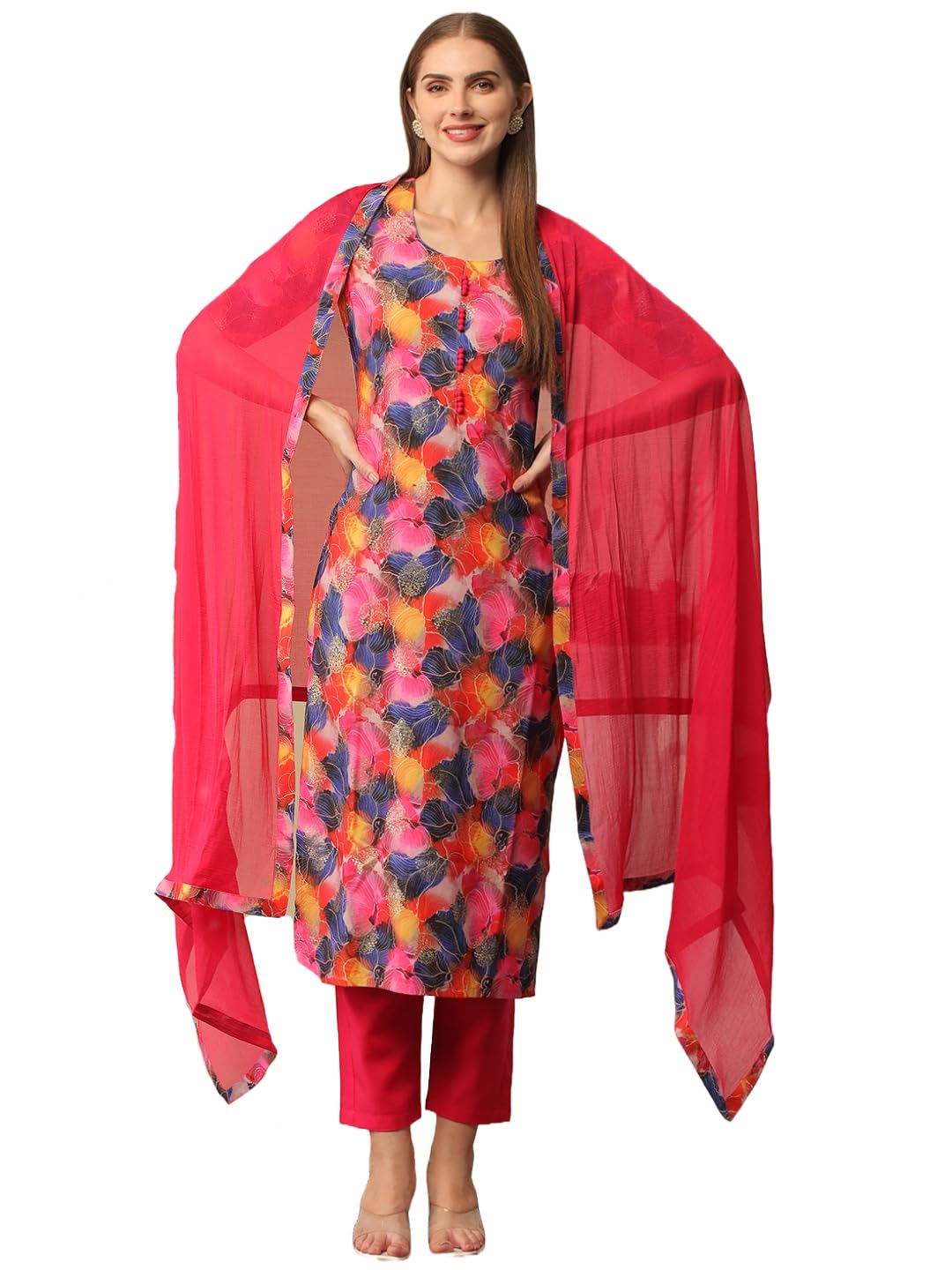 Anni Designer Women'S Cotton Blend Printed Straight Kurta With Pant & Dupatta (Axel Red_Xxl_Red_Xx-Large),Red,2XL,,,