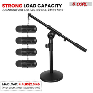 5Core Mic Stand Desk Adjustable Extendable Boom Arm Table Microphone Holder w Round Base Anti Slip Pad + Mic Clip + 3/8'' & 5/8'