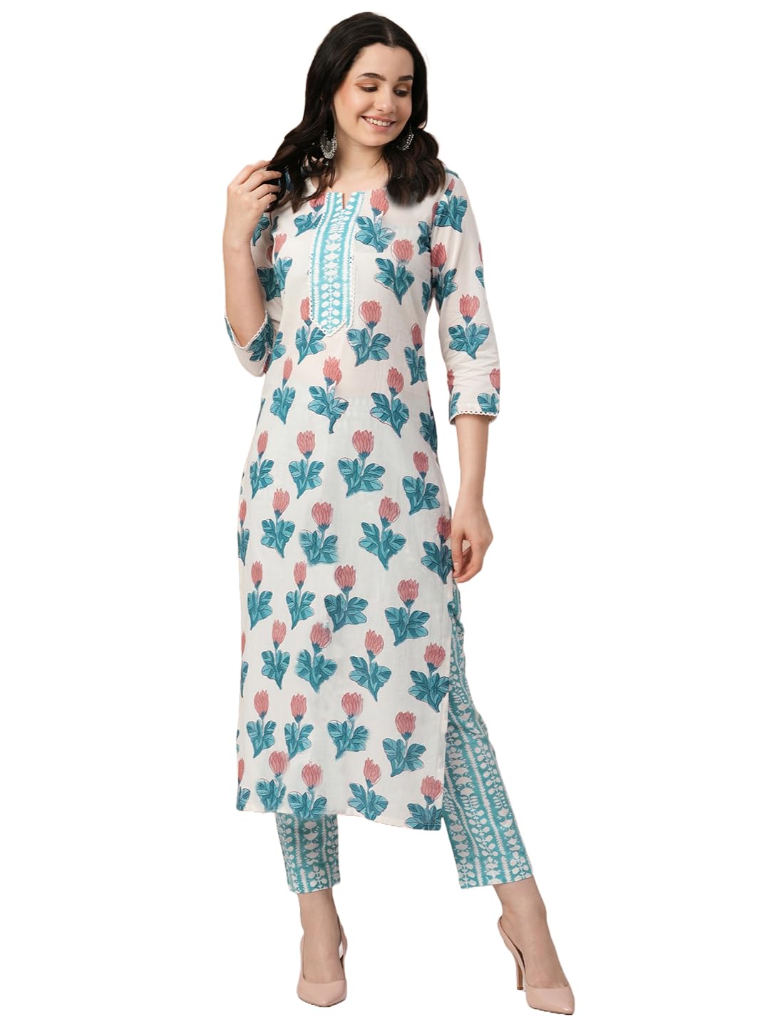 Anni Designer Women'S Cotton Blend Straight Printed Kurta With Pant (Fte19 Blue_L_Blue_Large),Blue,L