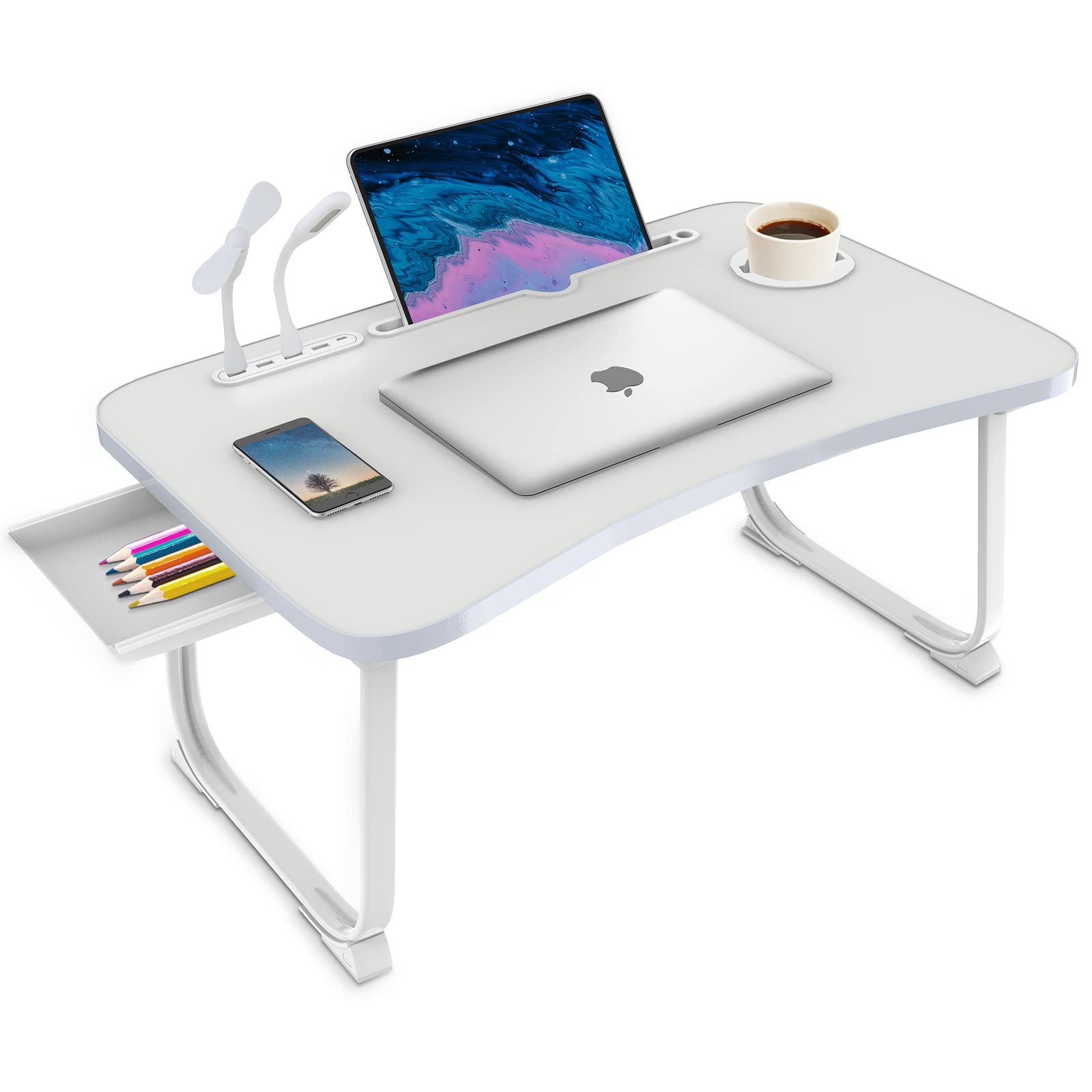 Fayquaze Laptop Bed Desk, Portable Foldable Laptop Bed Table with USB Charge Port Storage Drawer and Cup Holder,Lap Desk Laptop 