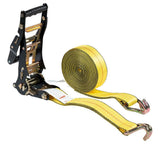 Mytee Products 2 x27' Yellow Ratchet Strap with J Hooks - 10,000 Lbs Breaking Strength - Heavy Duty Tie Down Large Bar Handle an