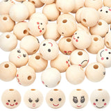 GORGECRAFT 50Pcs 5 Styles Smile Face Wooden Beads 25mm/1 inch Large Natural Wood Beads Round Ball Spacer Bead Smiling Face Print