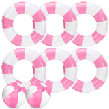 Whaline 8Pcs White Pink Inflatable Swimming Float Toy Set Striped 22.8 in Swim Ring 9 in Beach Ball Fun Print Pool Tube Pool Bal