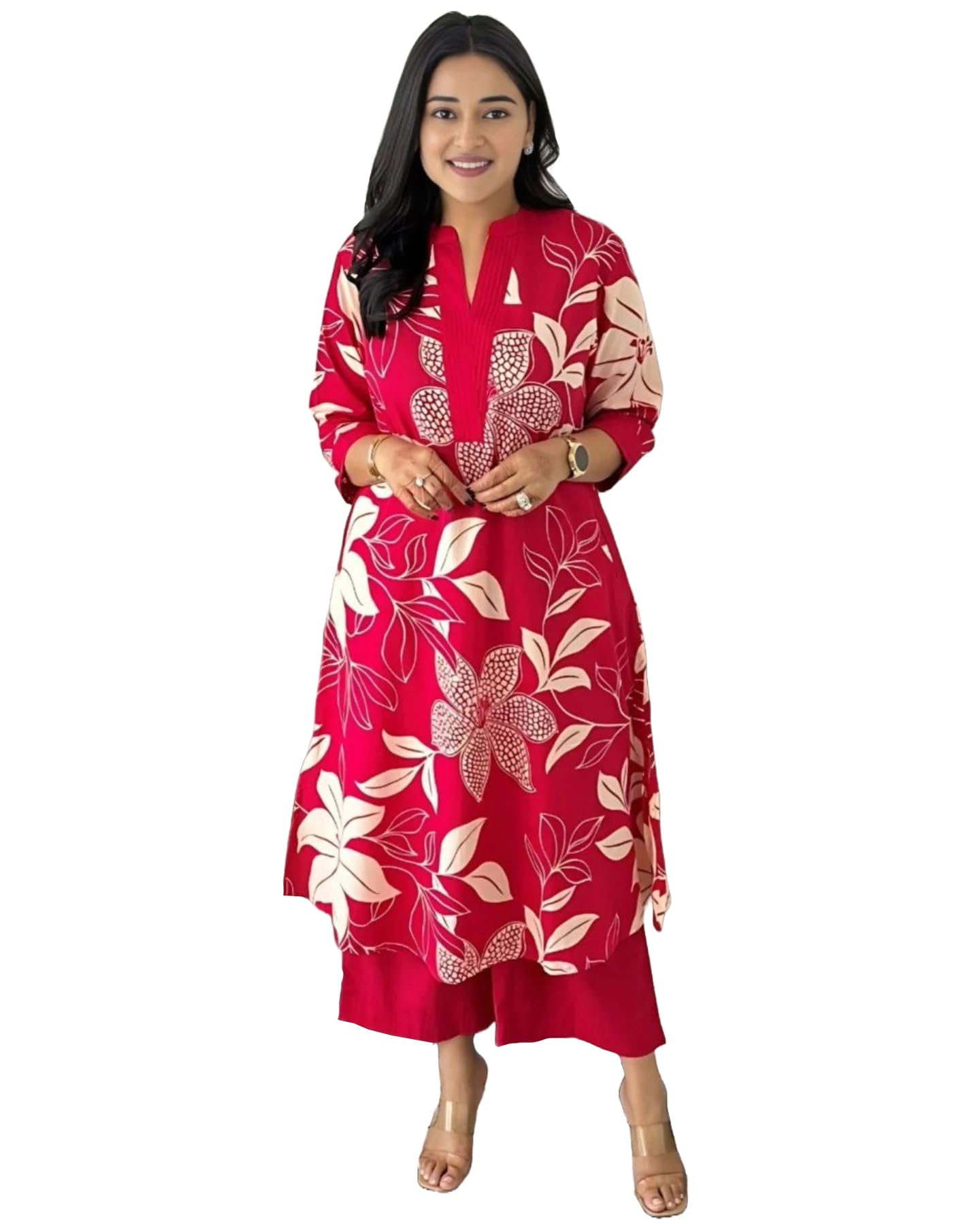 Anni Designer Women'S Rayon Viscose Straight Printed Kurta With Palazzo (Savya Pink_Xl_Pink_X-Large),Pink,XL,,,