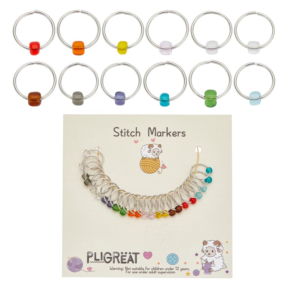 PLIGREAT 24 Pcs Colorful Glass Seed Beads Crochet Stitch Marker Rings Set Removable Knitting Locking Marker Loop Gifts for Mom W