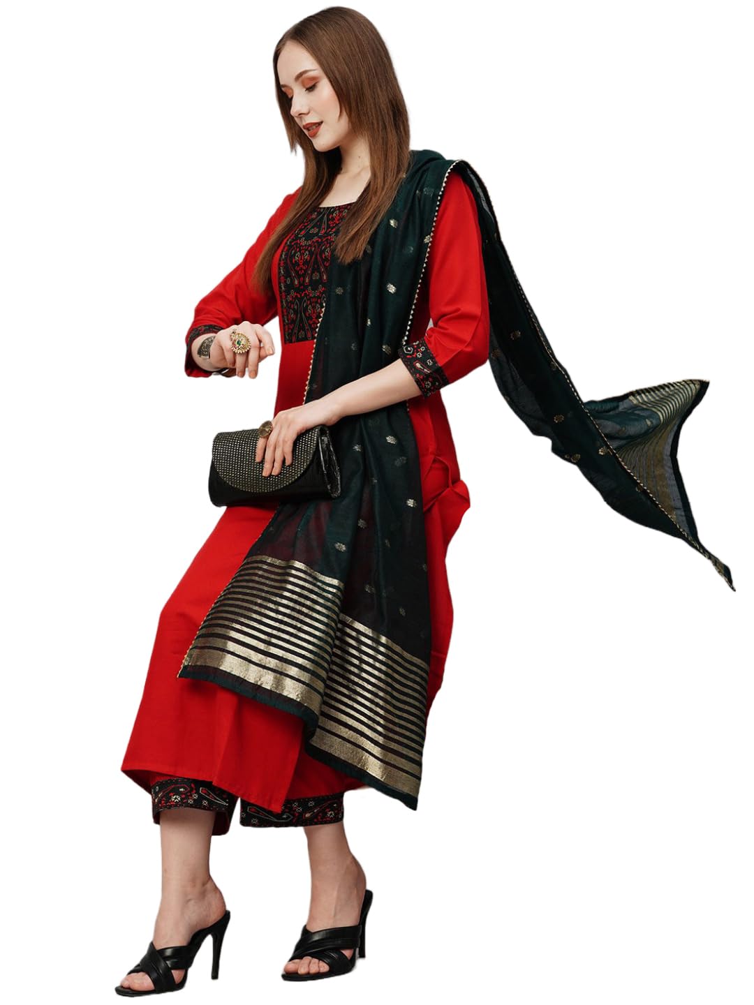 Gosriki Women'S Cotton Blend Straight Printed Kurta With Pant & Dupatta (Puju Red-Gs_Xl_Red_X-Large),Red,,B0CGD7FCPK