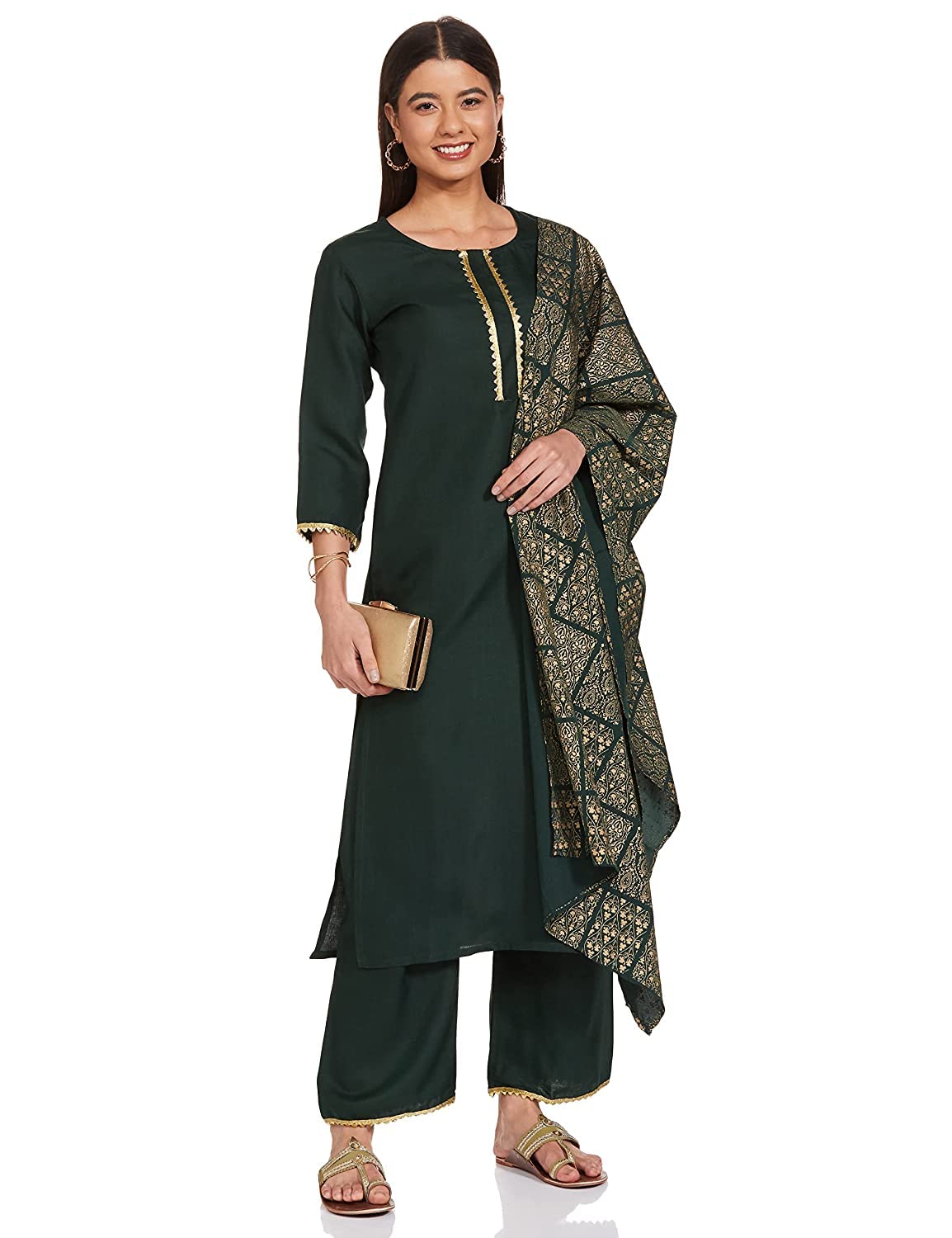 Anni Designer Women'S Cotton Blend Straight Printed Kurta With Pant & Dupatta (Sonari Gold & Green_L_Gold & Green_Large),Gold & Green,L