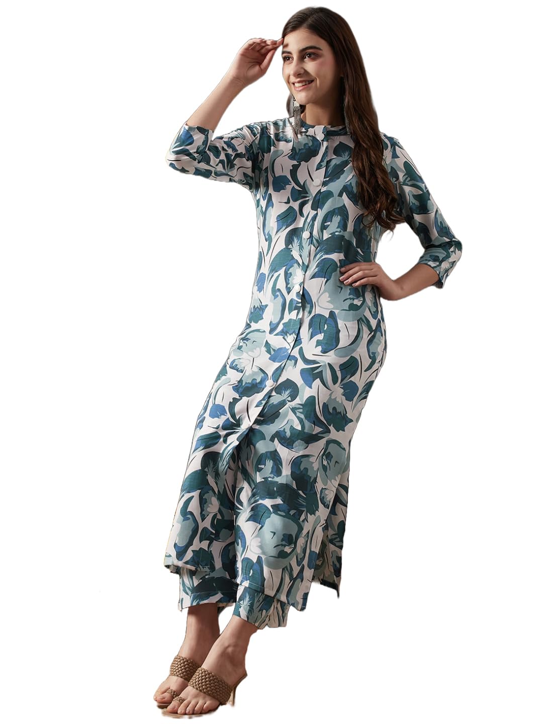 Anni Designer Women'S Cotton Blend Straight Printed Kurta With Palazzo (Yamla Green-Nw_Xl_Green_X-Large),Green,XL