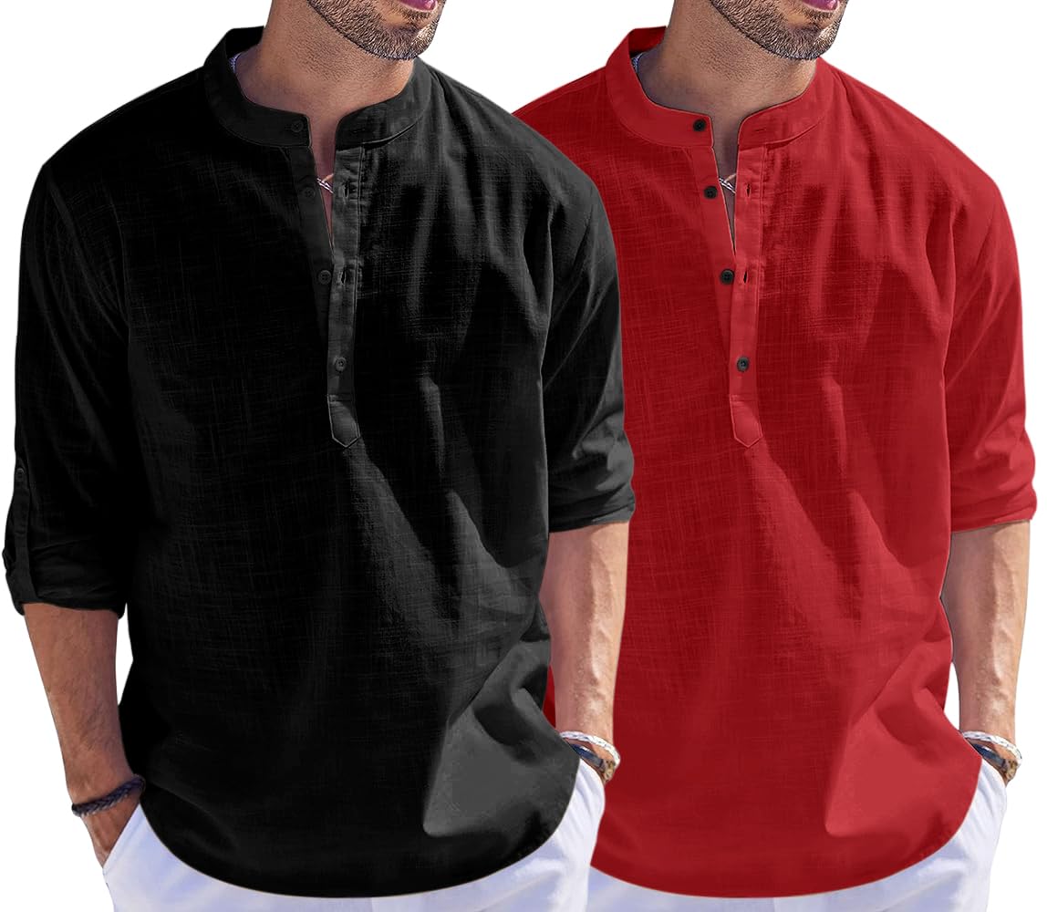 Bellstone Men'S Cotton Blend Solid Regular Fit Dress Shirt (Kurta1500_Combo_Black & Maroon_L)