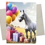 White Horse Birthday Card for Women (1 Premium Card, 5X7 Inches, Blank Inside) Happy Horse with Birthday Balloons and Gifts read