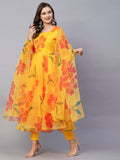 Anni Designer Women'S Organza Anarkali Floral Printed Kurta With Pant & Dupatta (Bhuj-Yellow-Nw_Xxl_Yellow_Xx-Large),Yellow,2XL,Organza,Anarkali,Kurta, Pants, Scarf
