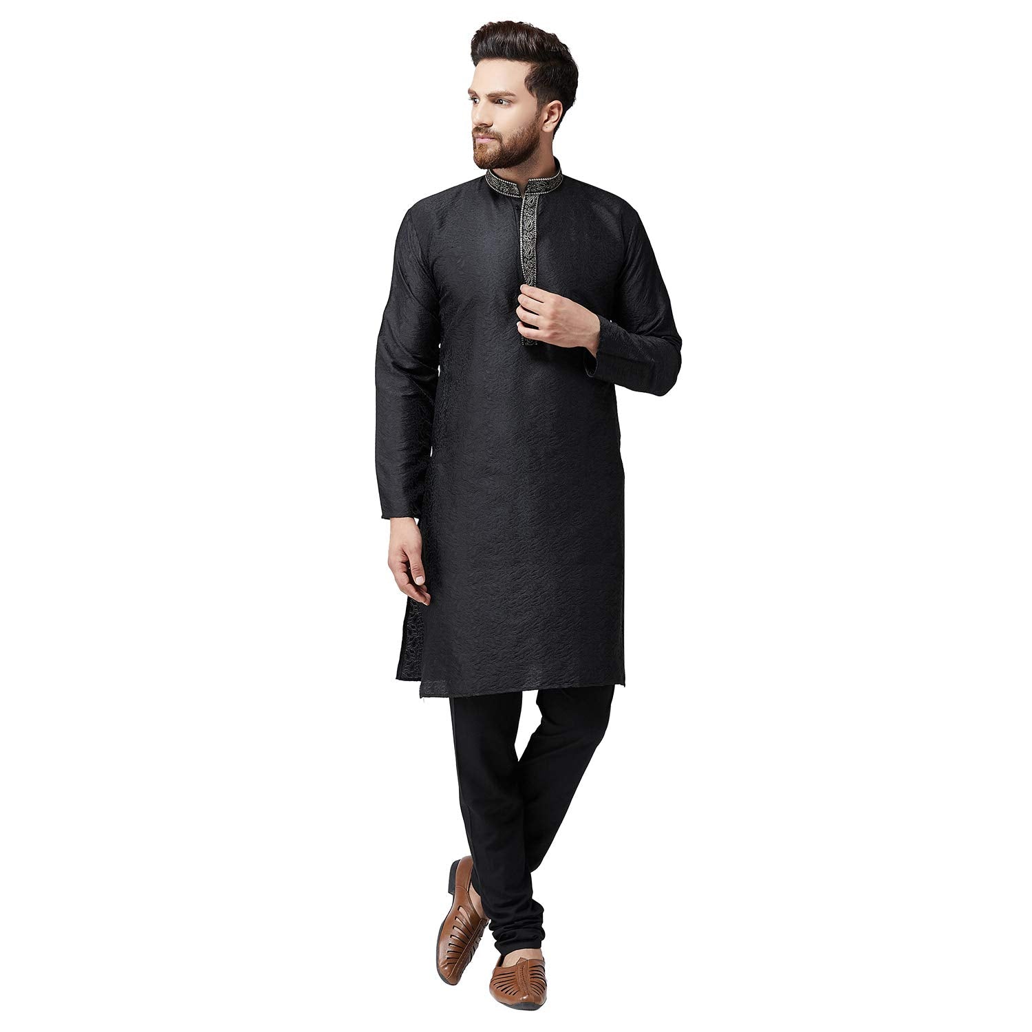 Sojanya (Since 1958 Men'S Black Jacquard Silk Kurta & Churidaar Pyjama Size M