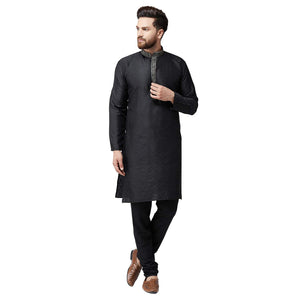Sojanya (Since 1958 Men'S Black Jacquard Silk Kurta & Churidaar Pyjama Size M