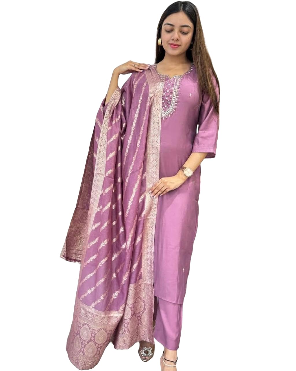 Anni Designer Women'S Rayon Blend Embroidered Straight Kurta With Pant & Dupatta (Nagari Purple_M_Purple_Medium),Purple,M