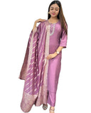 Anni Designer Women'S Rayon Blend Embroidered Straight Kurta With Pant & Dupatta (Nagari Purple_3Xl_Purple_Xxx-Large),Purple,3XL