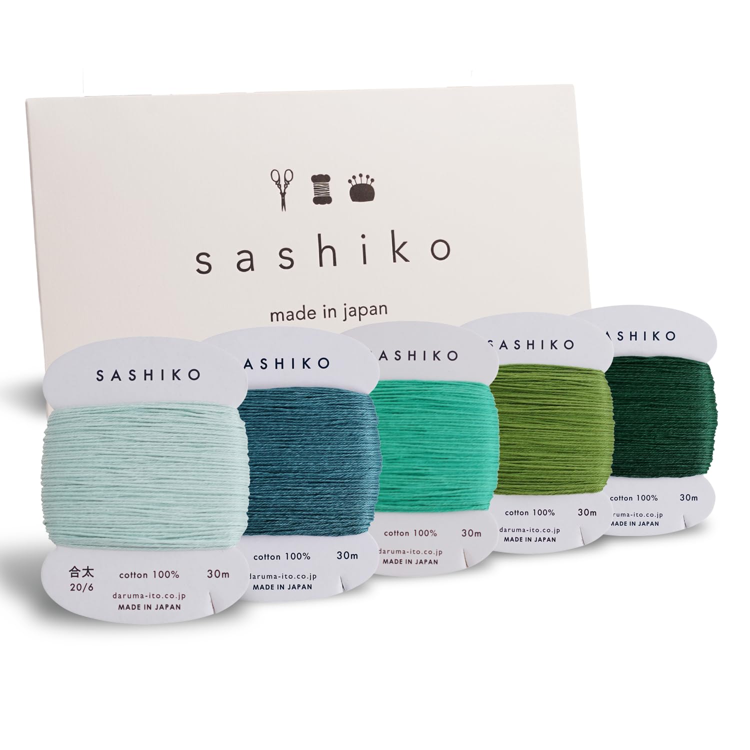 DARUMA Sashiko Thread 100% Cotton Card Type (32.8 yd) x 5 Colors with English Manual, Sewing & Embroidery Value Set with Gift Pa