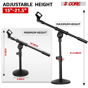 5Core Mic Stand Desk Adjustable Extendable Boom Arm Table Microphone Holder w Round Base Anti Slip Pad + Mic Clip + 3/8'' & 5/8'