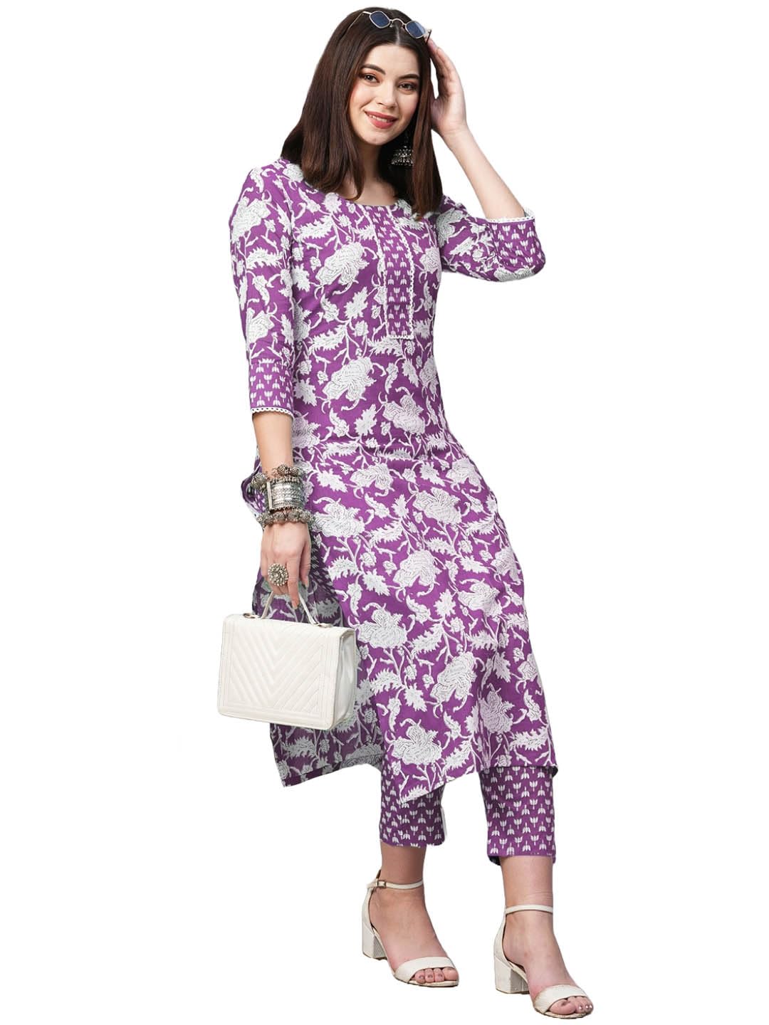 Anni Designer Women'S Rayon Blend Printed Straight Kurta With Pant (Pustak Begani_S_Begani_Small),Begani,S