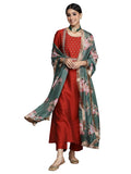 Varanga Women maroon & silver embroidered Straight Kurta with Solid Trouser and Printed Dupatta with fringes, Maroon, M
