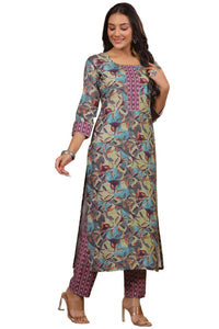 Gosriki Women'S Cotton Blend Straight Printed Kurta With Pant (Bicata Wine-Gs_Xxl_Wine_Xx-Large),Wine,2,B0CNZ72T4M