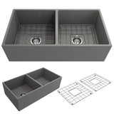 BOCCHI Contempo Farmhouse Apron Front Fireclay 36 in. Double Bowl Kitchen Sink with Protective Bottom Grid and Strainer in Matte