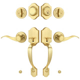 LOQRON Double Front Door Handle Set with Dummy and Deadbolt, Brushed Gold Entry Front Door Lock Set with Gold Classic Half Grip 