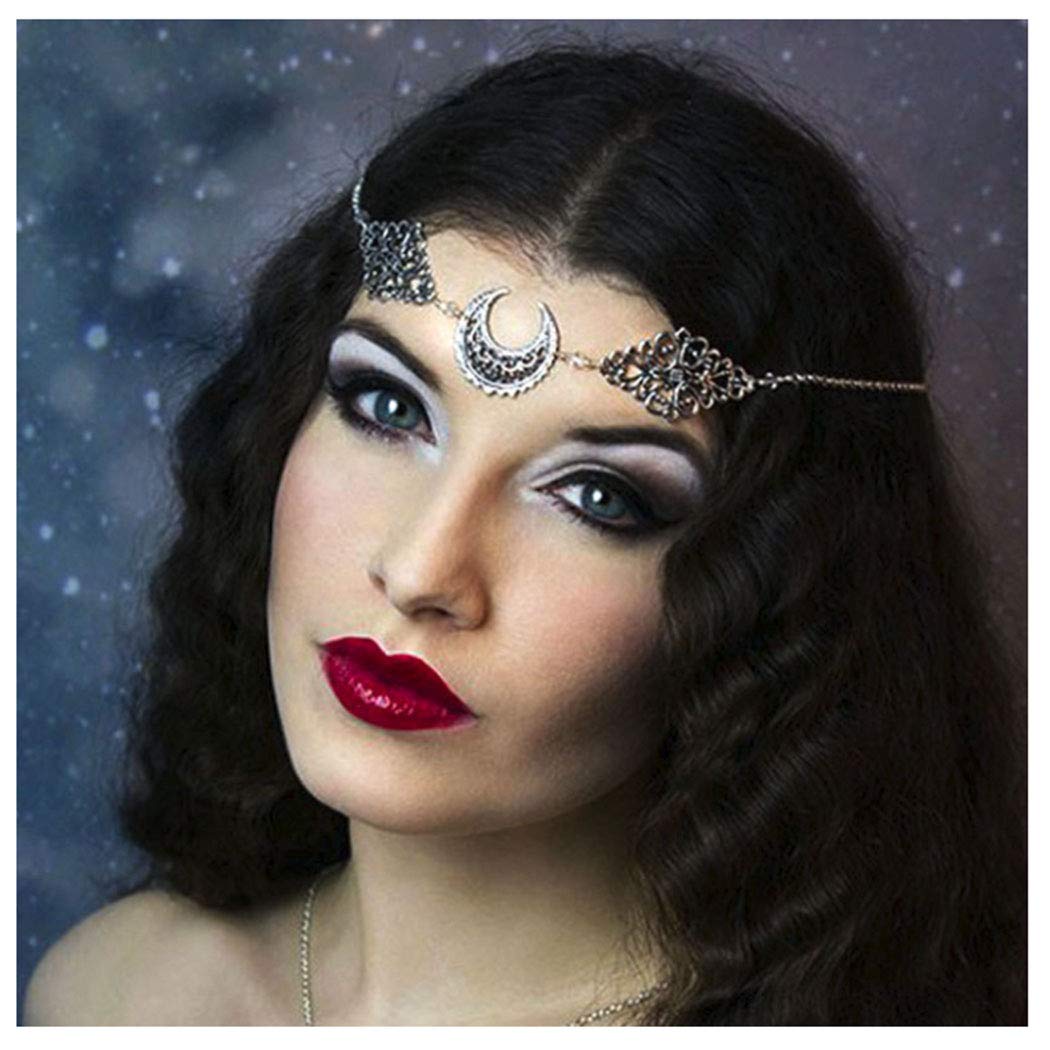 CanB Boho Moon Head chain Charm Vintage Hair Chain Festival Forehead Hair Jewelry Silver Gypsy Headpiece Hair Accessories for Wo