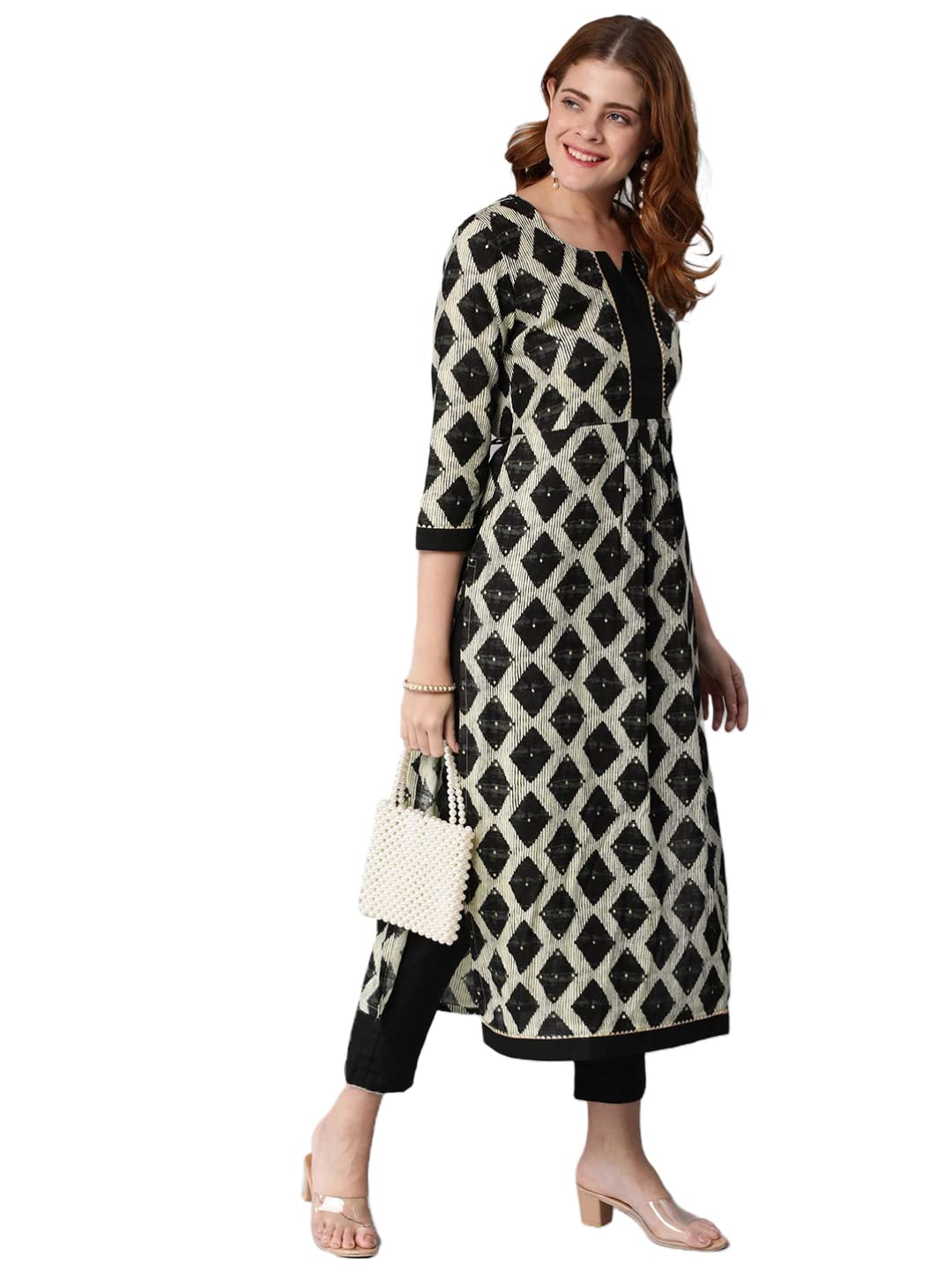 Anni Designer Women'S Cotton Blend Chex Printed Straight Kurta With Pant (Chix Black_M_Black_Medium),Black,M