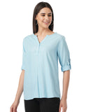 Fyltr Women'S Fashion V-Neck Top With Roll-Up Sleeves,Happy Hue Blue,Happy Hue Blue,Xl