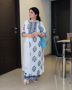 Gosriki Women'S Cotton Straight Kurta With Palazzo & Dupatta (Liba-Guldasta_Blue_M-Go1_Blue_Medium),Blue,,B0B8YQBJ57
