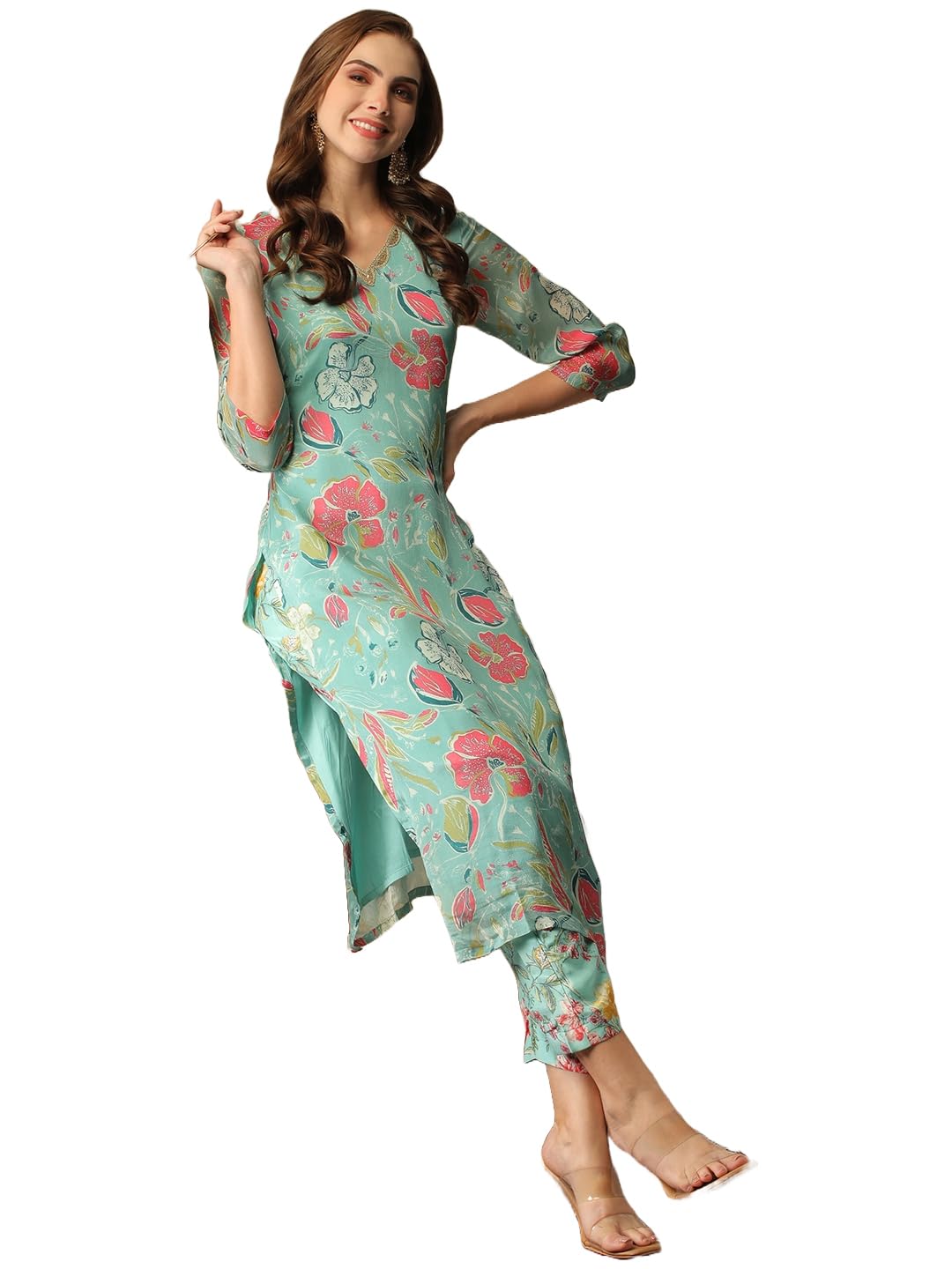 Anni Designer Women'S Cotton Blend Straight Printed Kurta With Pant (Vitudi Green-Nw_M_Green_Medium),Green,M