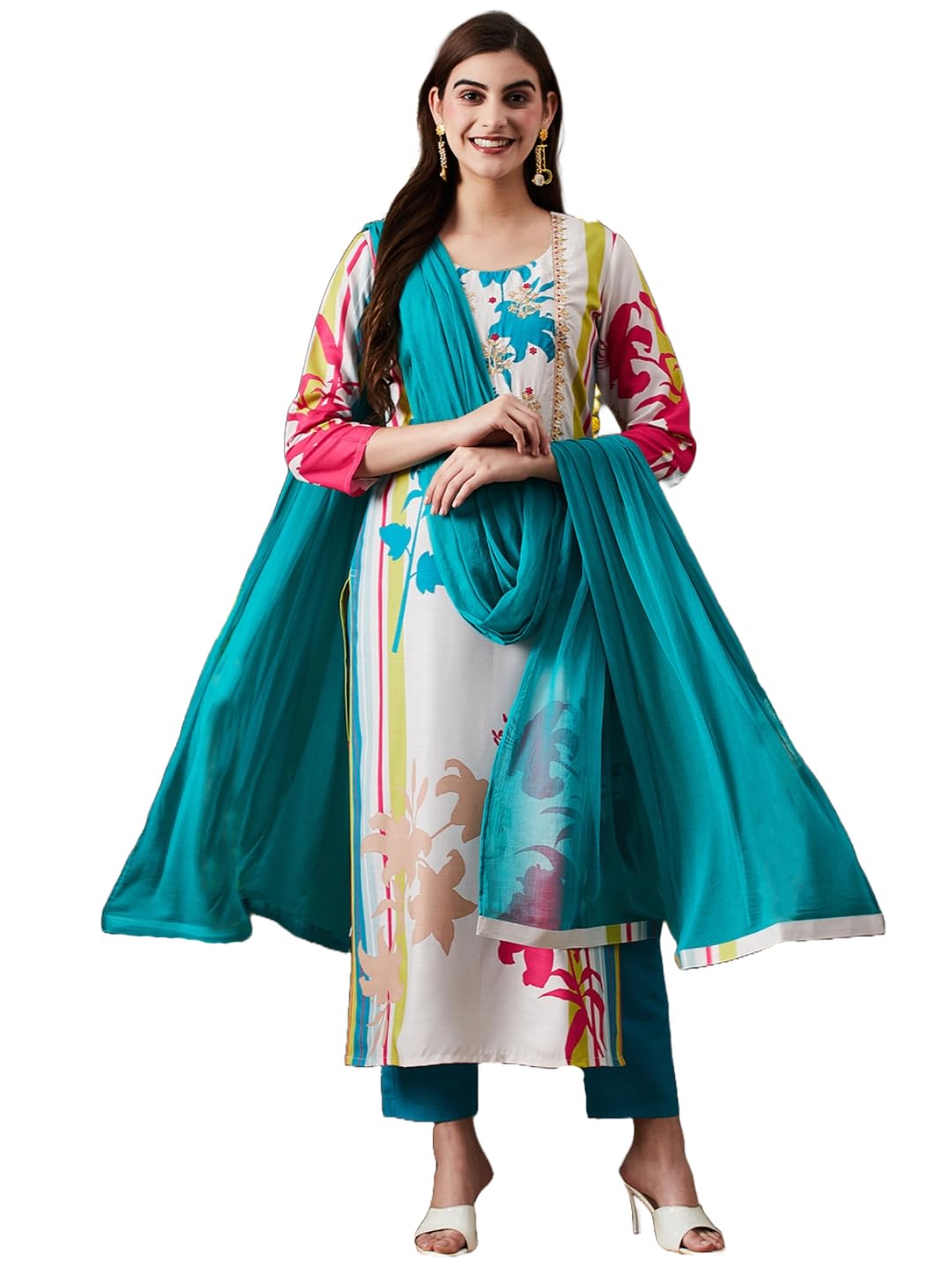 Gosriki Women'S Cotton Blend Straight Printed Kurta With Pant & Dupatta (Hibiki Cream-Gs_S_Cream_Small),Cream,,B0CNXSQR67