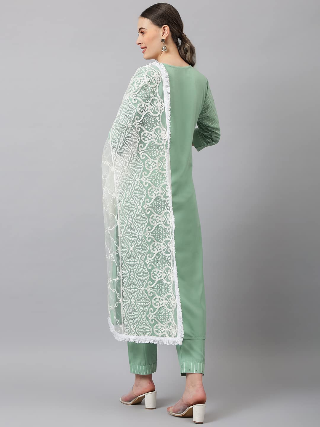 Anni Designer Women'S Cotton Blend Straight Solid Kurta With Pant & Dupatta (Sundari Green_L_Green_Large),Green,L,Cotton Blend,Straight,Kurta, Scarf