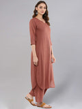 Idalia Rayon Solid Straight Brown Kurta Set For Women With Palazzo 3/4 Sleeve, Round V Neck Designer Kurta With Palazzo Pant Set Rose Gold S