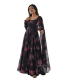 Wedani Women Floral Print Anarkali Kurta With Pant And Duptta (Small Black-2),Black-2,S