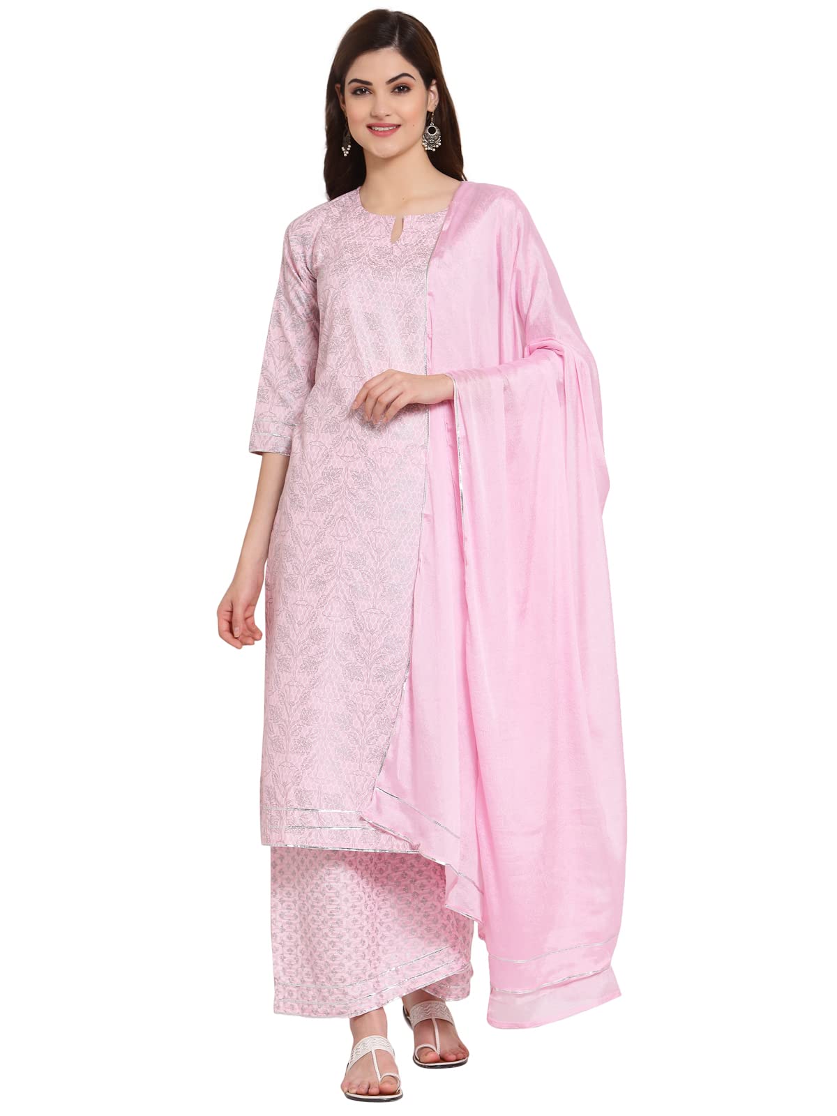 Anni Designer Women'S Cotton Straight Kurta With Palazzo & Dupatta (Kpzd-Cot-10024-Pink_S_Pink_Small),Pink,S