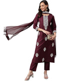 Gosriki Women'S Cotton Blend Straight Embroidered Kurta With Pant & Dupatta (Tistha Maroon_Xl-Go_Maroon_X-Large),Maroon,,B0B9Y1ZPWC