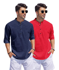 Bellstone Men'S Cotton Blend Solid Regular Fit Dress Shirt (Kurta1500_Combo_Navy & Red_M