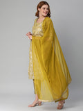Anni Designer Women'S Banarasi Woven Straight Embellished Printed Kurta With Pant & Dupatta (Kabzaa-Methi-Nw_M_Mustard_Medium),Mustard,M,Banarasi Woven,Regular,