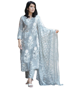 Gosriki Women'S Cotton Blend Printed Straight Kurta With Pant & Dupatta (Zuri Grey-Vks01-Gs_M_Grey_Medium),Grey,,B0DHKS7T1V