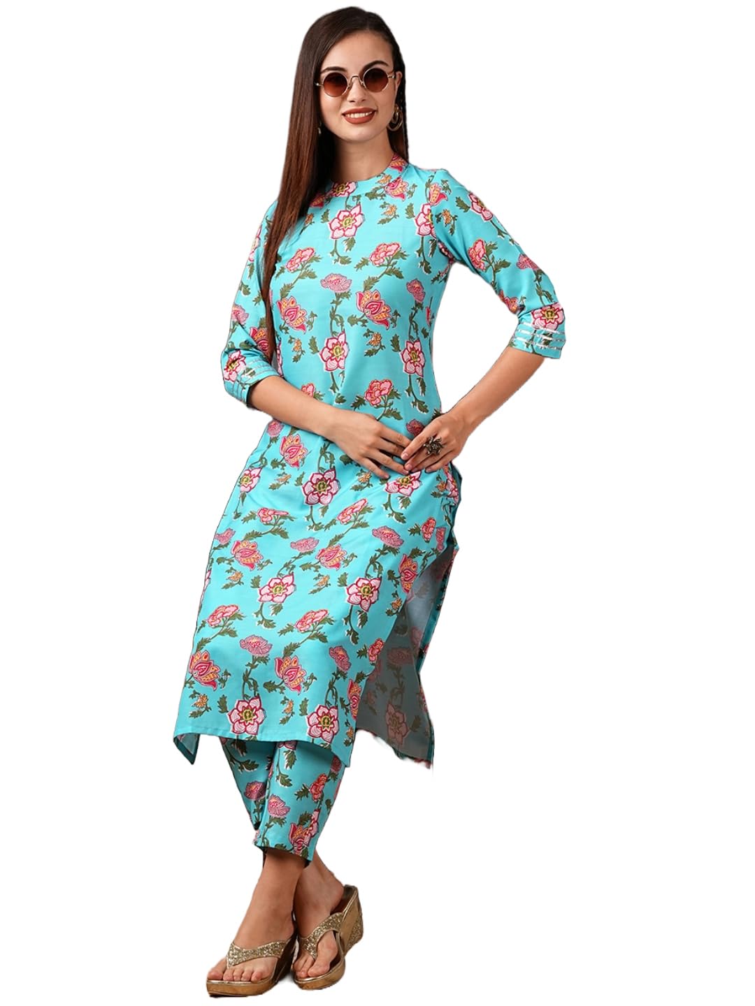 Anni Designer Women'S Cotton Blend Straight Printed Kurta With Pant (Nazuk Rama-Nw_L_Blue_Large),Blue,L,,,