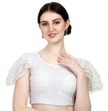 Pujia Mills Women's Shipali Net Work Ruffle Sleeves Readymade Saree Blouse (Shipli Jhadu White_White_38 Size + Margin)