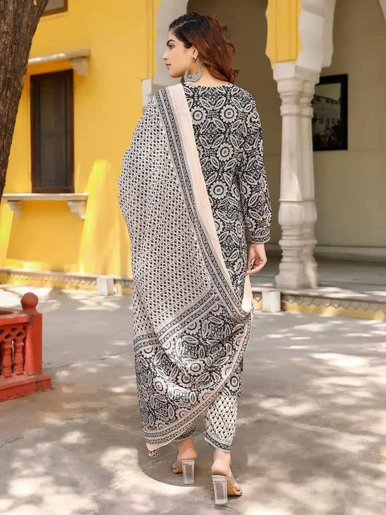 Anni Designer Women'S Cotton Blend Straight Printed Kurta With Pant & Dupatta (Nihira Cream-N3W_L_Black_Large),Black,L,Cotton Blend,Regular,Dupatta