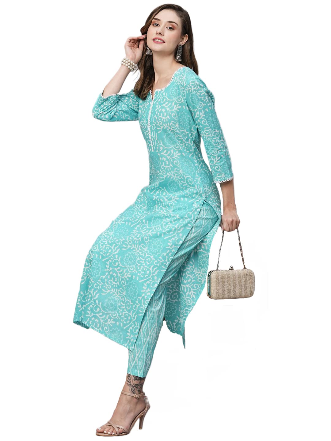 Anni Designer Women'S Cotton Blend Straight Printed Kurta With Pant (Gulika Light Blue-Jsw_L_Light Blue_Large),Light Blue,L